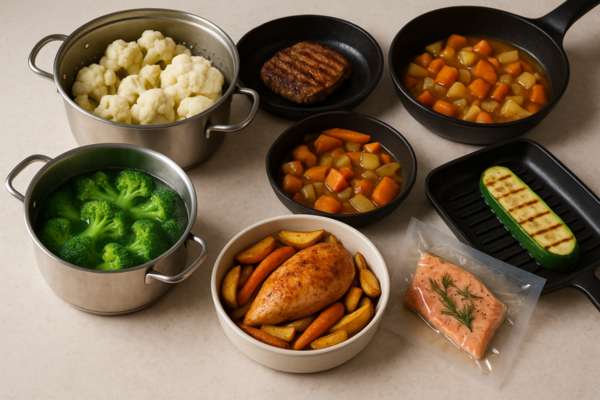 Susunan bahan makanan segar di meja dapur untuk persediaan ringkas